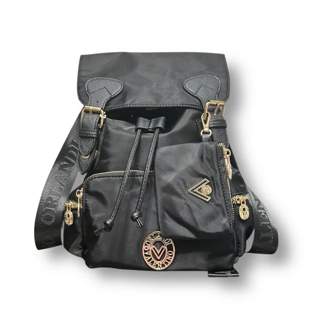 Valentino Orlandi Black Vegan Nylon Backpack w/ Pouch Logo‎ Gold Hardwarware NWT